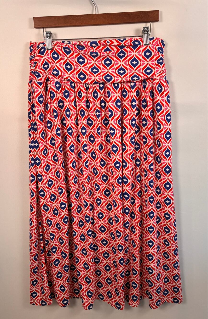 Boden Rosaline Jersey Maxi Skirt Womens US 10R Red Blue Geometric Ruched